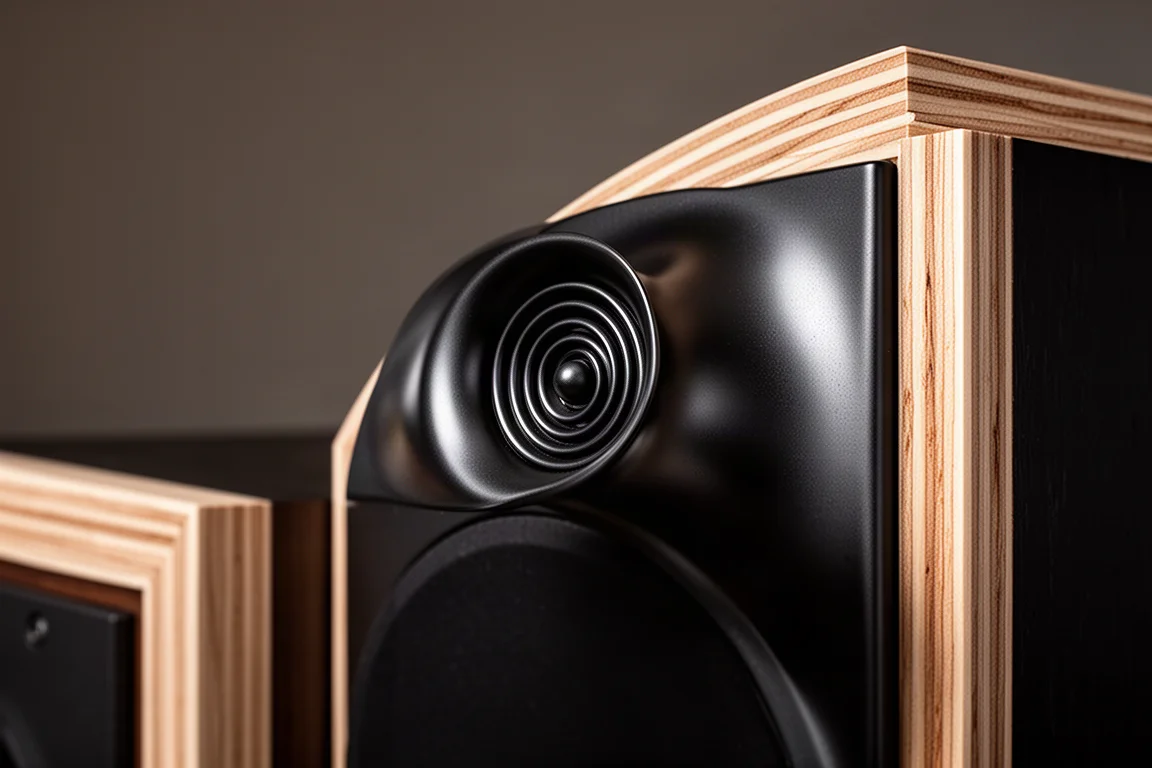 Close-up of a matte black horn waveguide with a ring radiator in a stacked plywood cabinet