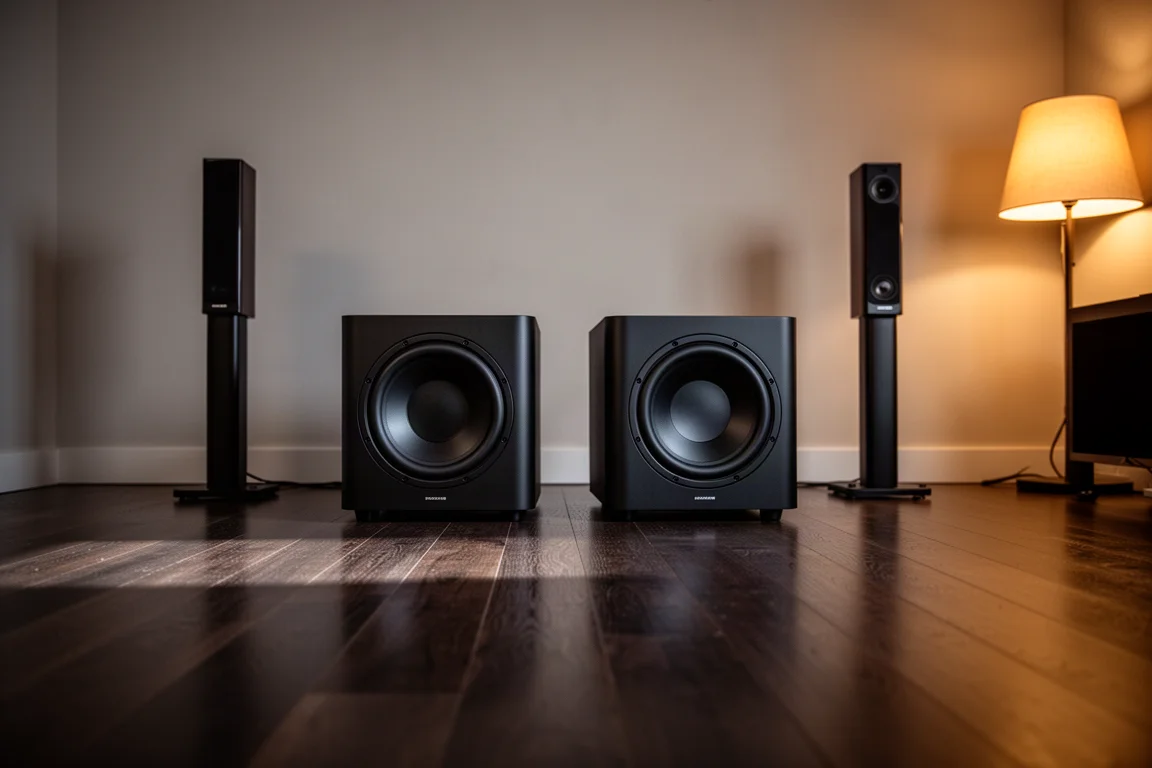 Dimly lit listening room with two compact sealed subwoofers behind two slim speakers