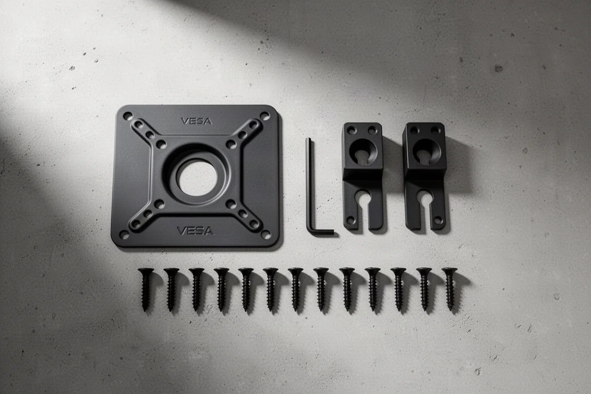 Overhead flat-lay of a VESA mounting plate, keyhole brackets, hex key, and screws on concrete