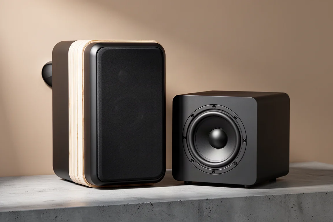 Shallow matte black on-wall speaker and compact sealed subwoofer on a concrete surface