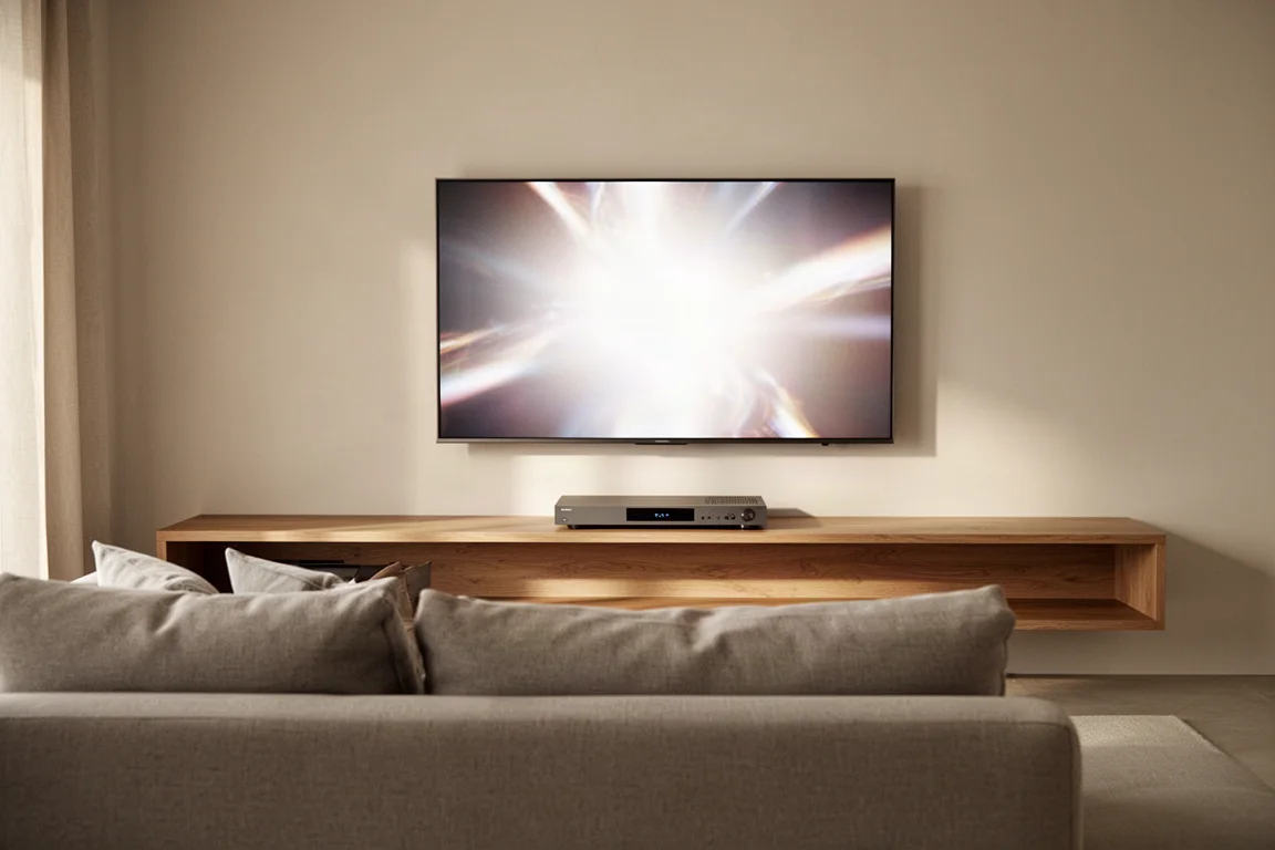 Salon z sofą, telewizorem na ścianie i smukłym amplitunerem na drewnianej konsoli