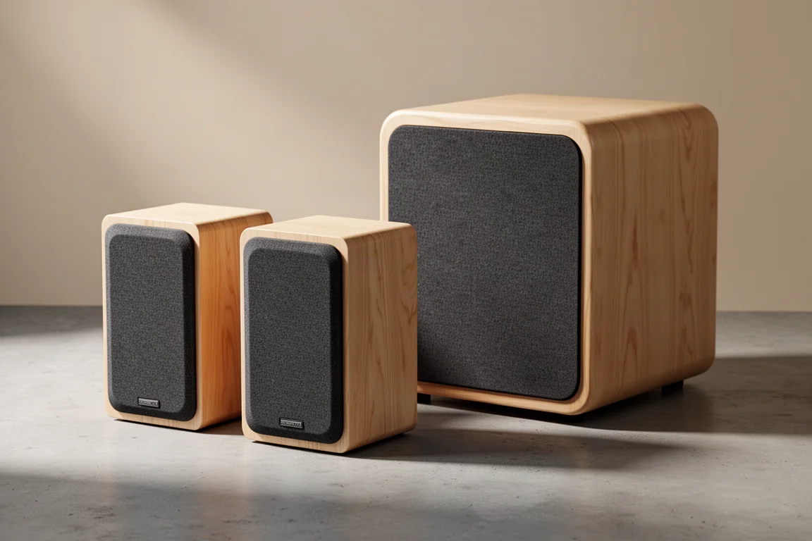 Compact birch-finished home theater speakers and a sealed subwoofer arranged on concrete