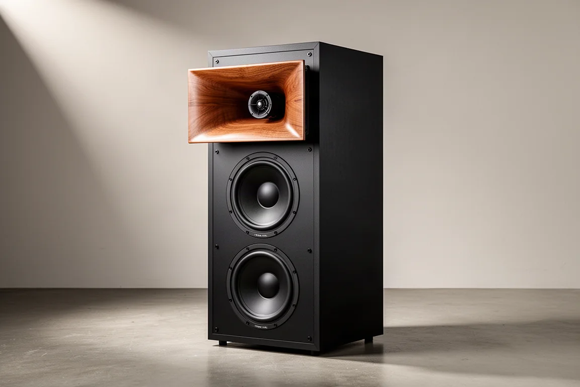 Large horn-loaded home theater speaker with two 10-inch woofers on a concrete floor