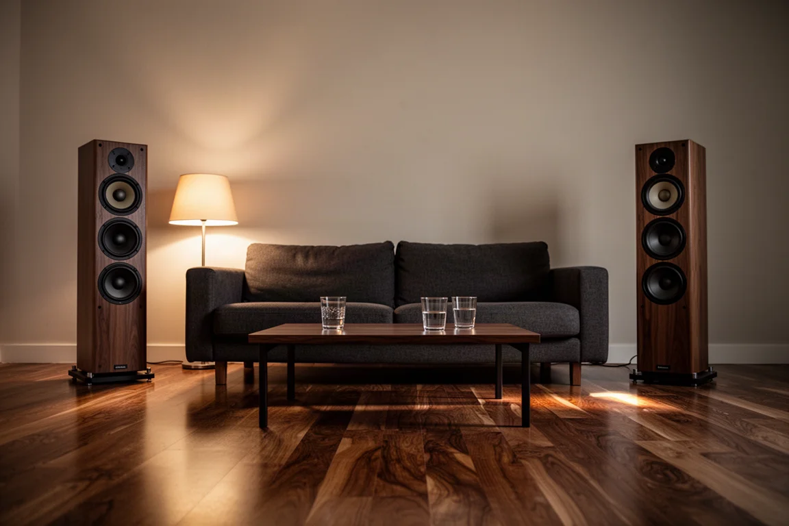 Sala de estar de família ao anoitecer com duas torres modulares de caixas ladeando um sofá