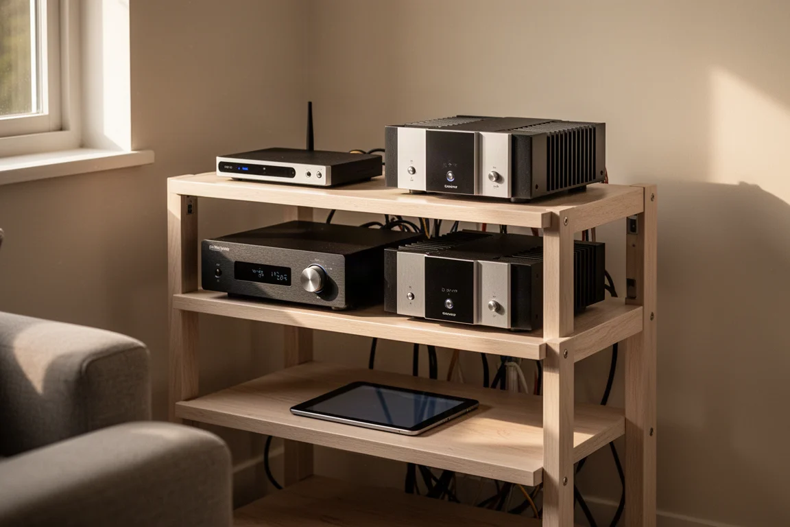 Rack de hi-fi compacto com streamer, pré-amplificador e dois amplificadores de potência na sala