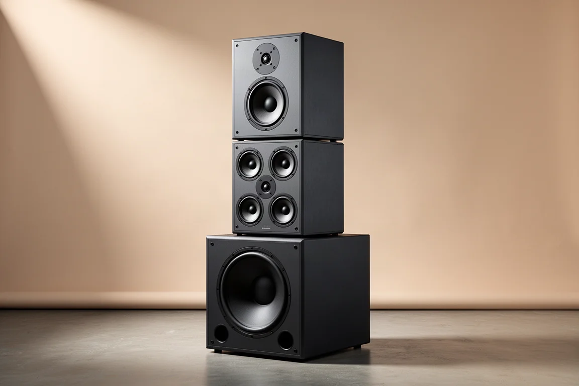Modular tower loudspeaker with three stacked cabinets on a neutral backdrop