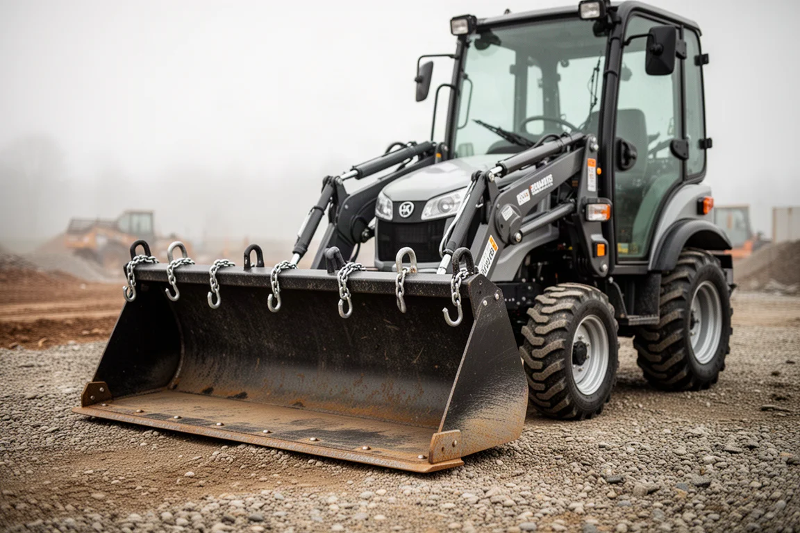 Kompakttraktor-Schaufel auf einer Baustelle mit montierten Hebehaken