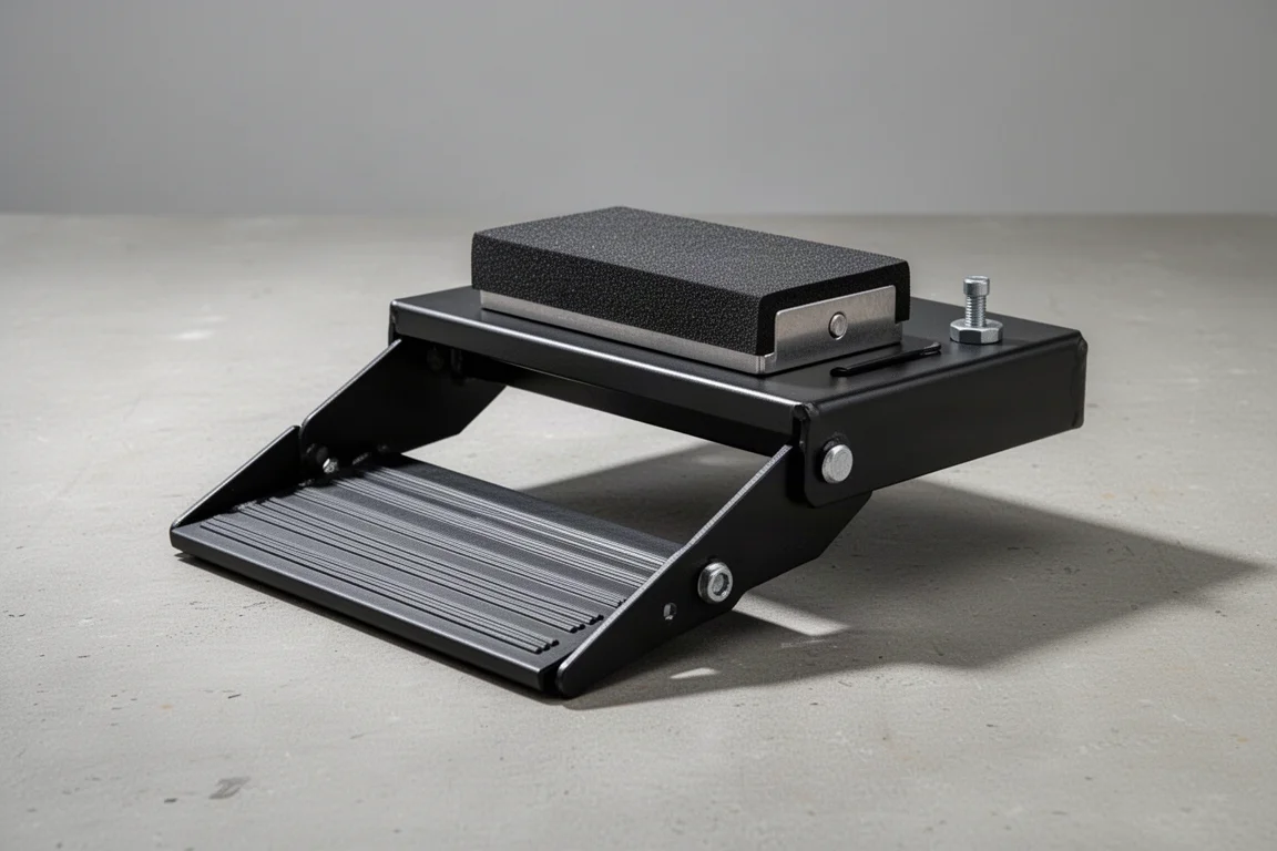Folding steel stake pocket trailer step shown at a three-quarter angle on concrete