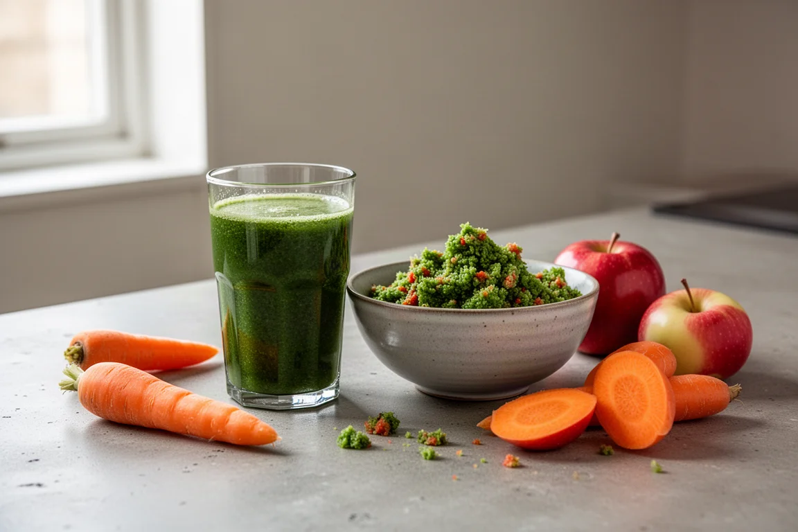 Freshly juiced vegetables with separated pulp in a compost bowl on a kitchen counter