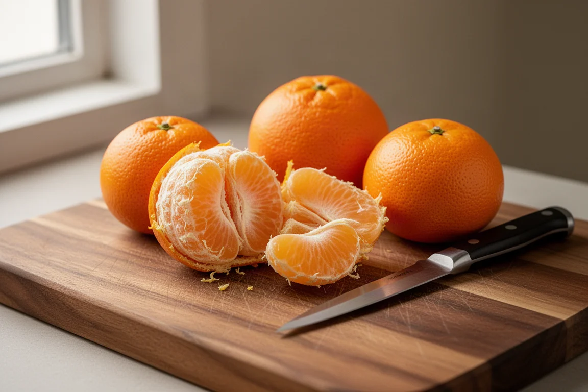 Peeled oranges being cut into segments on a wooden cutting board