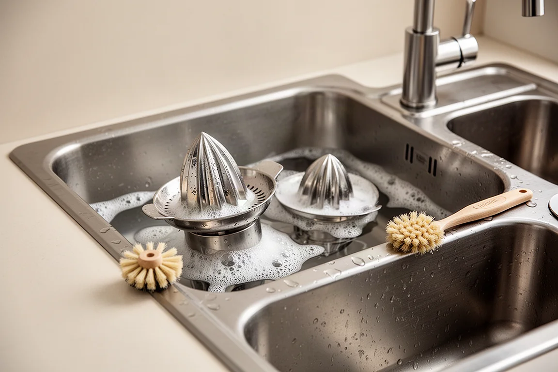 Soapy juicer parts soaking in a kitchen sink