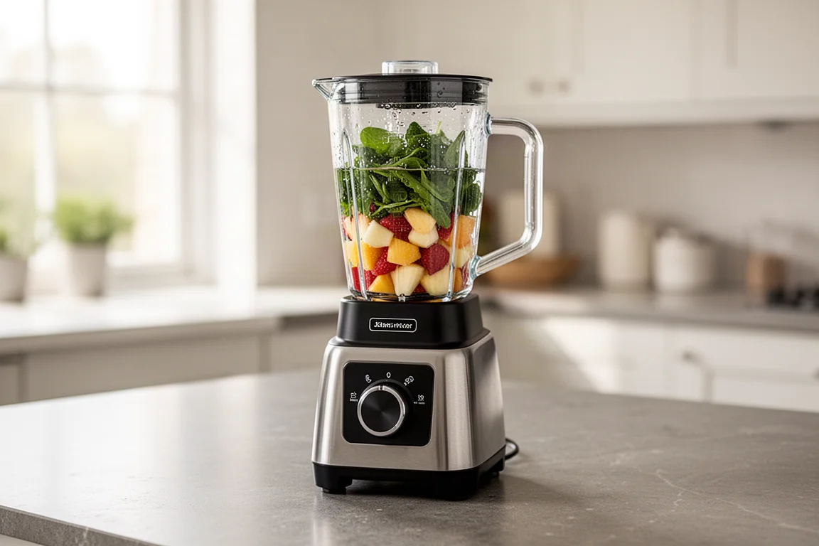 A high-powered blender jar filled with fruit and greens on a kitchen counter