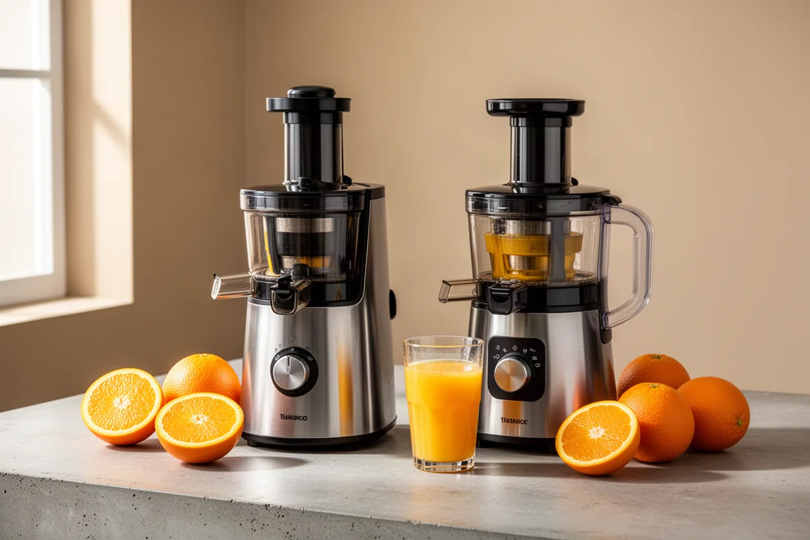 Two juicers on a kitchen counter surrounded by oranges and a glass of fresh juice