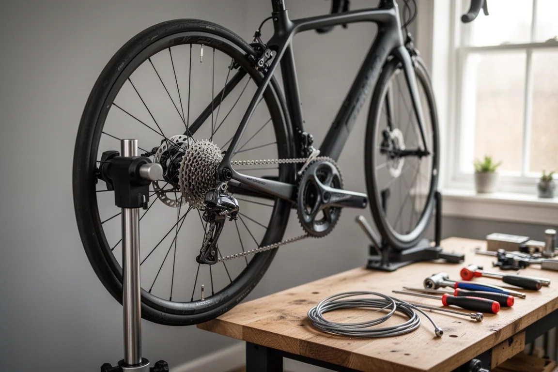 Bici da strada su cavalletto da riparazione in un luminoso laboratorio domestico con attrezzi e guaine sul banco