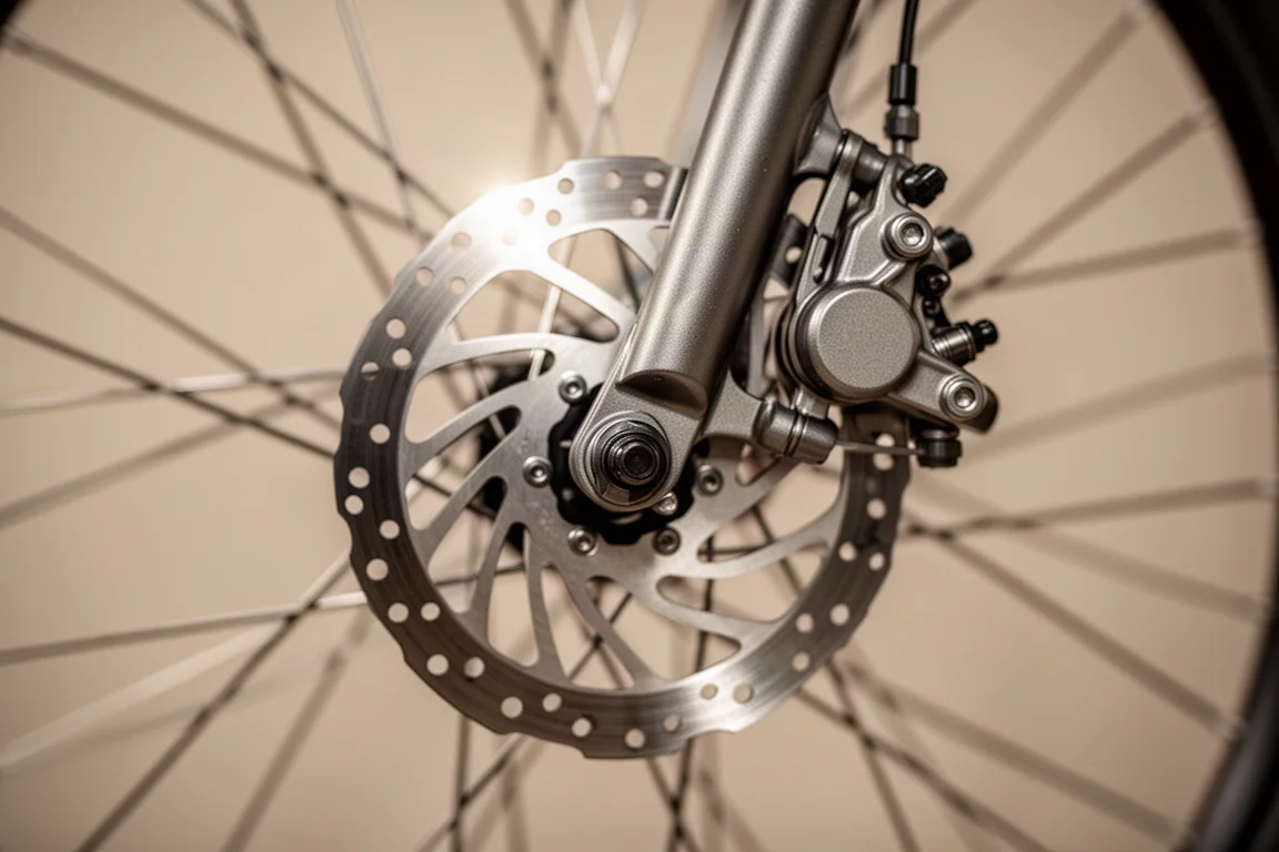 Primo piano di un disco freno in acciaio inox e della pinza su una ruota di bicicletta
