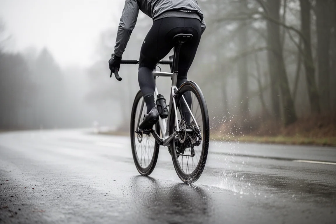 Ciclista in discesa su strada bagnata con le mani sulle leve del freno