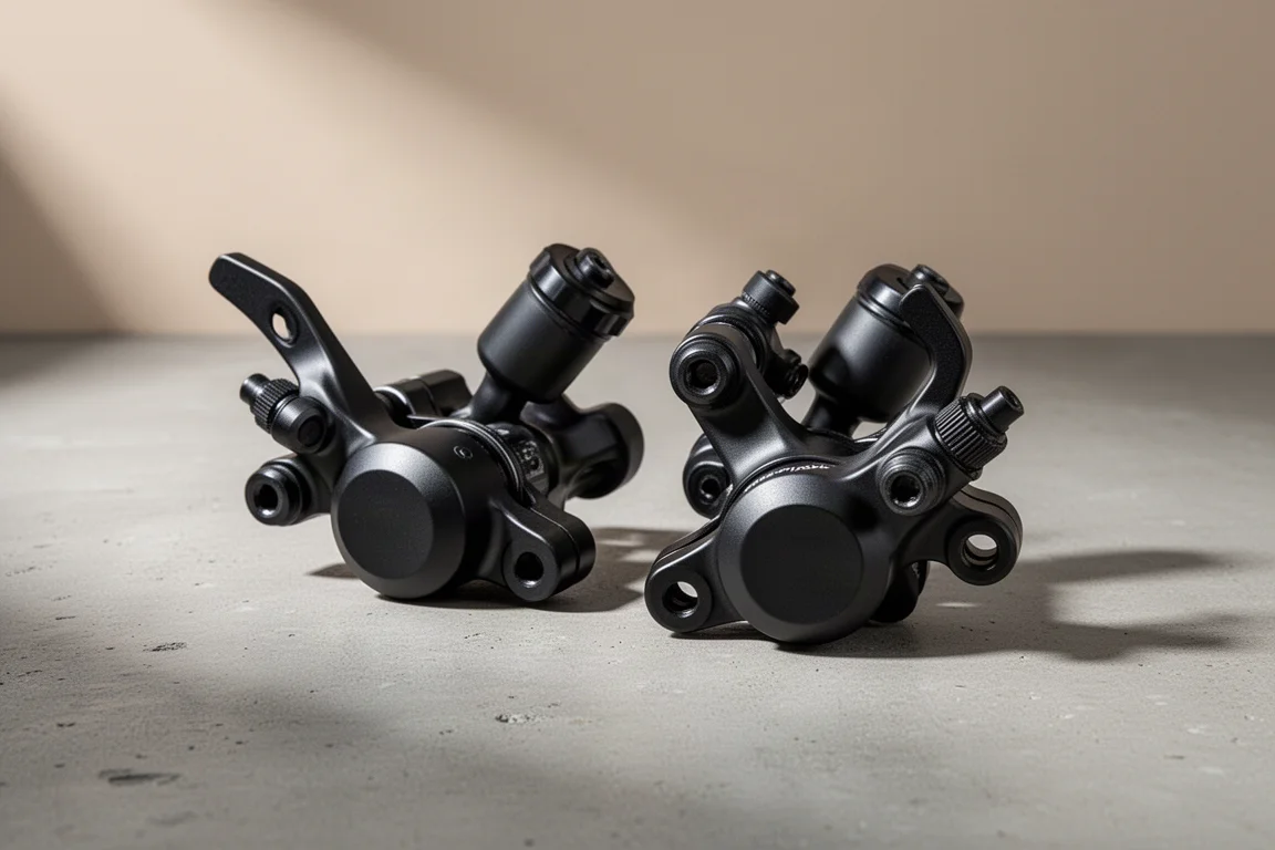 Pair of matte black cable-actuated disc brake calipers with hydraulic reservoirs on concrete