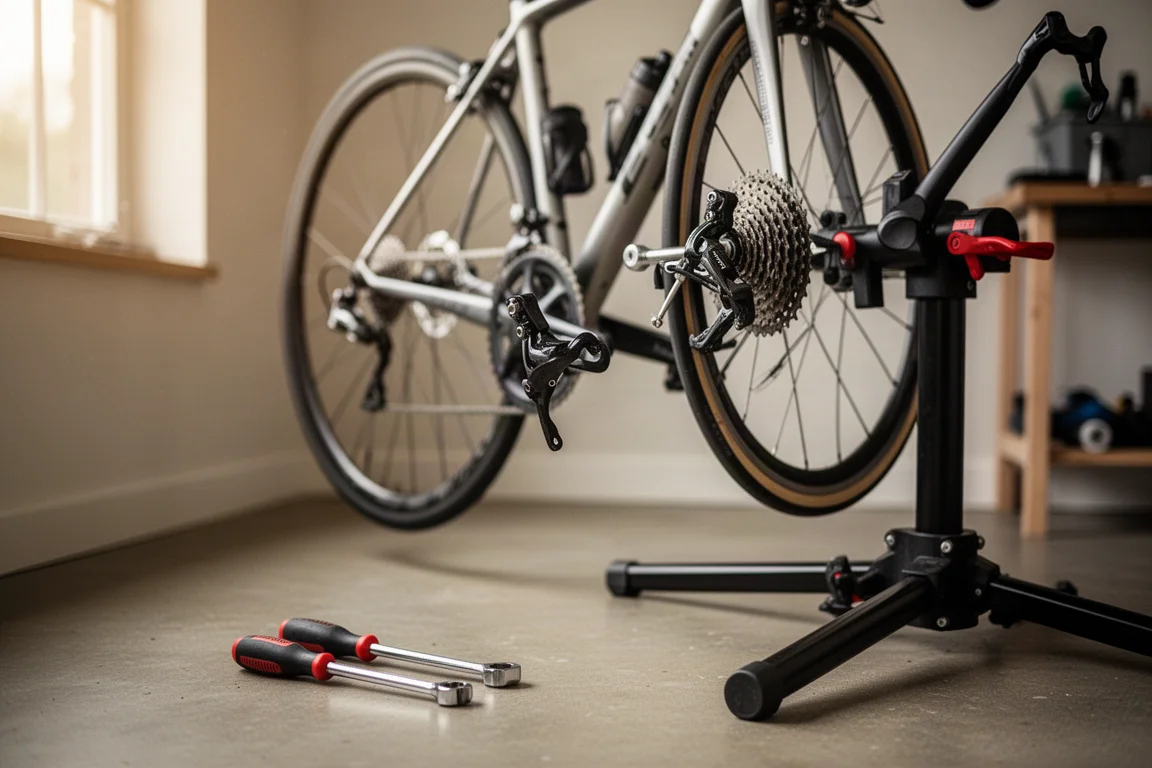 Rennrad auf einem Montageständer in einer aufgeräumten Werkstatt mit ausgebautem Hinterrad