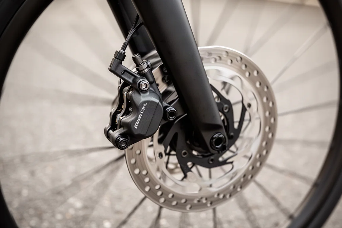 Nahaufnahme einer Scheibenbremszange an einem Rennrad mit dahinterliegendem Rotor