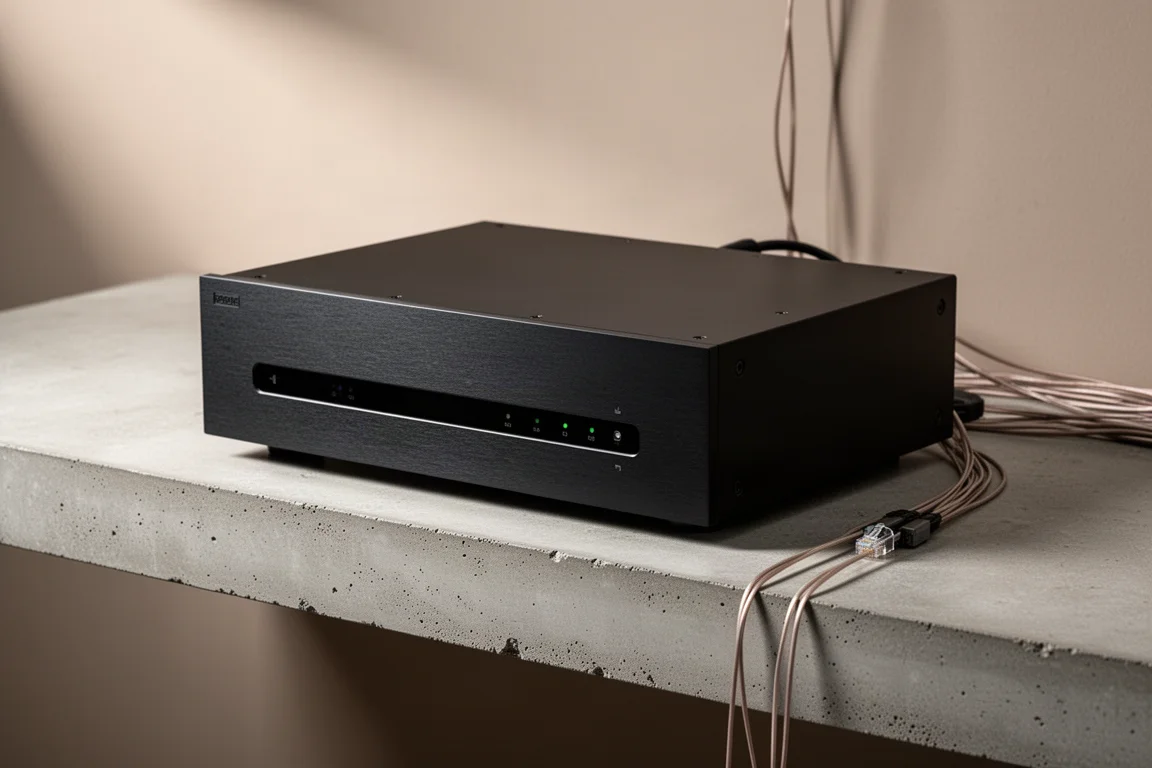 Compact multi-room audio amplifier on a concrete shelf with network and speaker cables