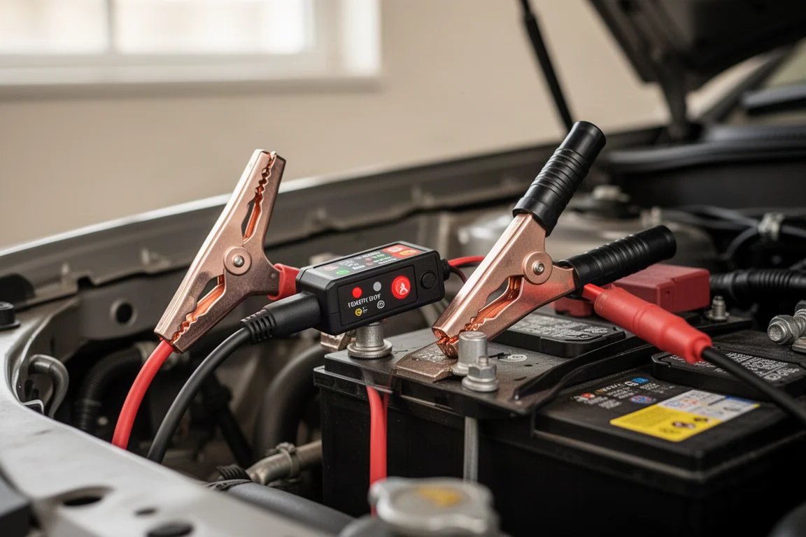 Startkabels van een jump starter aangesloten op de accupool van een auto in de motorruimte