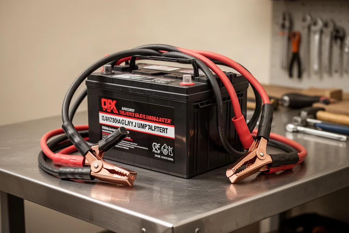 Grote loodzuur-jumpbox met dikke twee-gauge kabels op een werkbank in de garage