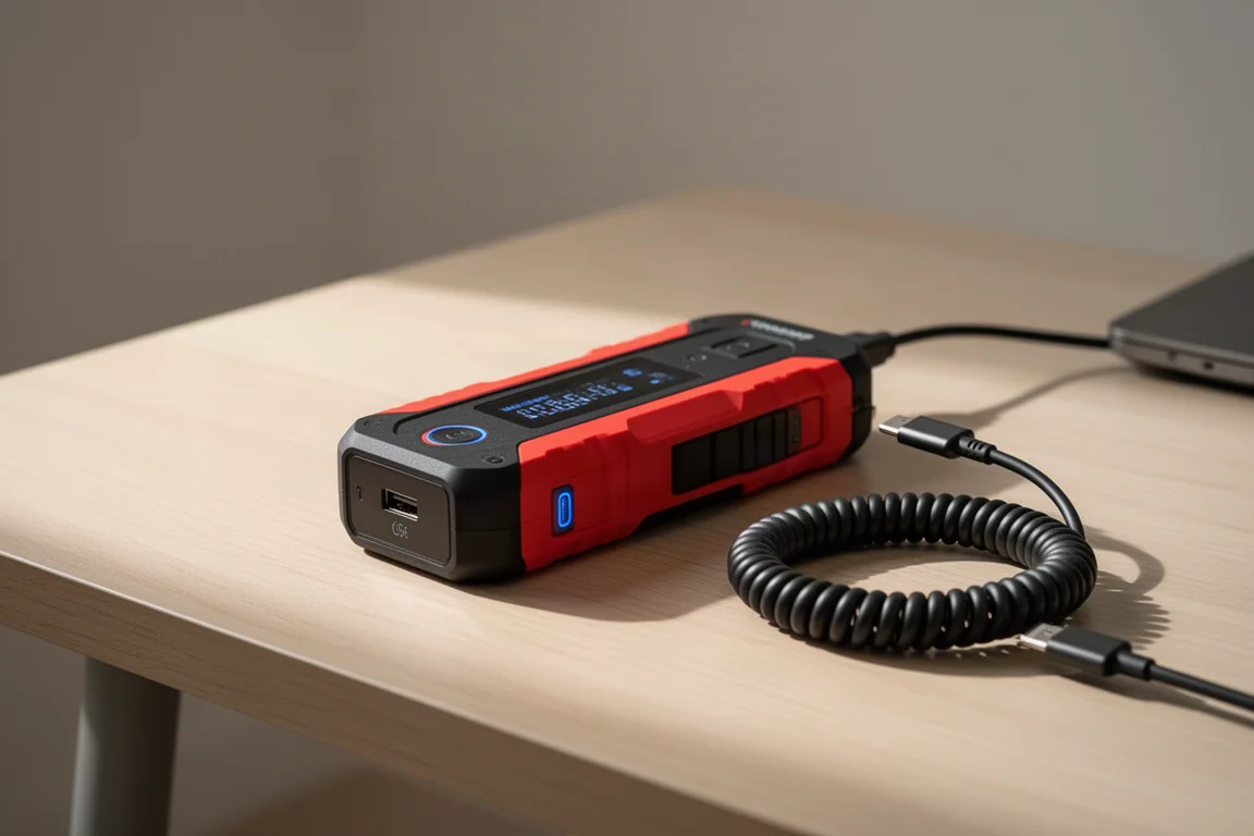 Compacte lithium jump starter die oplaadt via een USB-C-kabel op een bureau