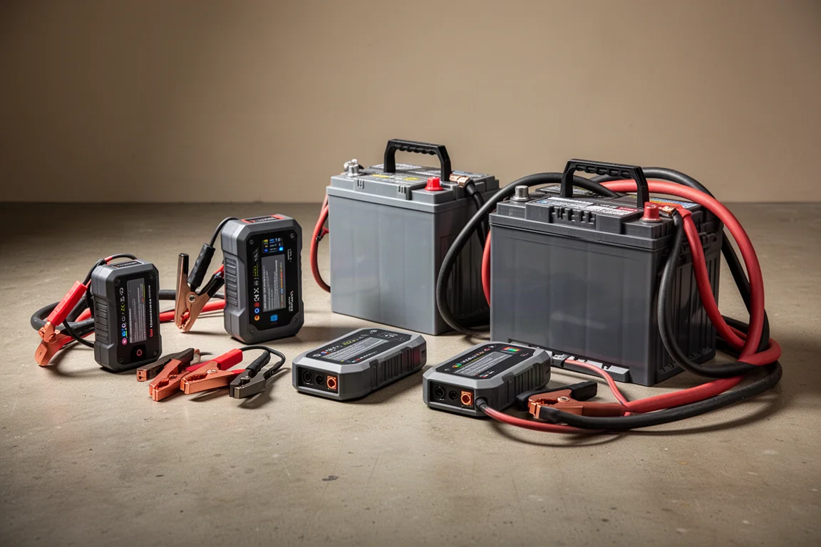 Lineup of lithium and lead acid jump starter packs on a workshop floor