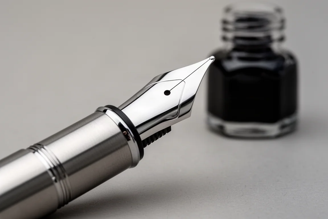 Primo piano di pennino e feed di una penna stilografica con inchiostro visibile