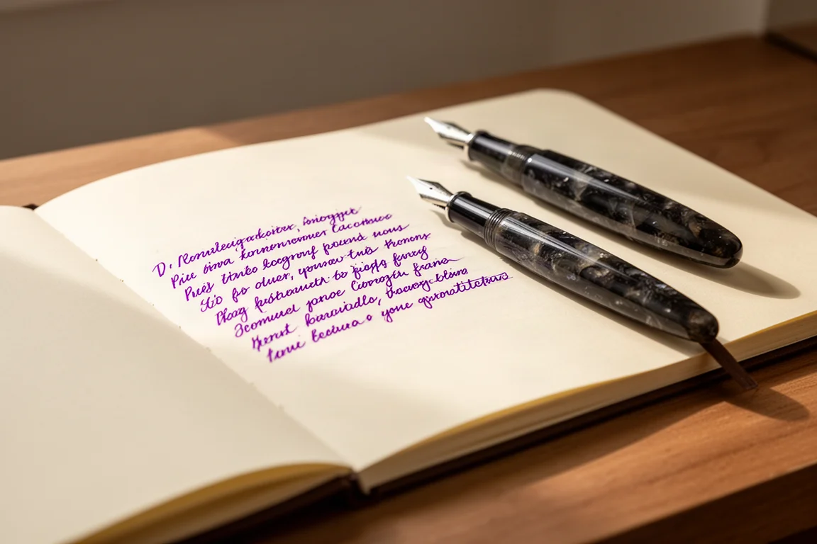 Quaderno aperto con scrittura a penna stilografica in inchiostro viola