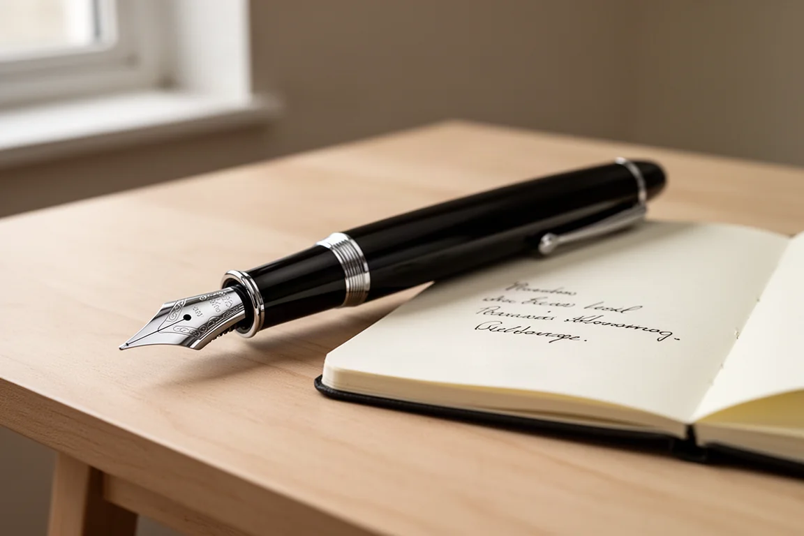 Oversized fountain pen resting on a desk beside a notebook