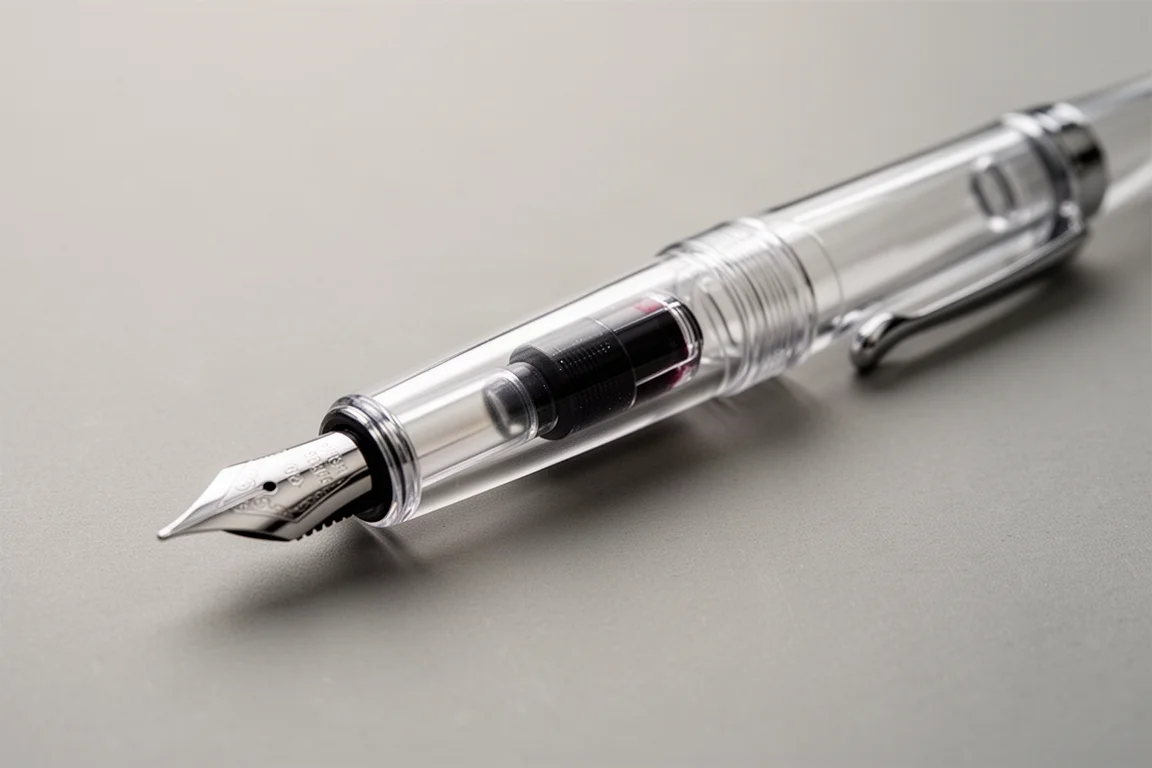 Clear demonstrator fountain pen showing internal converter and components