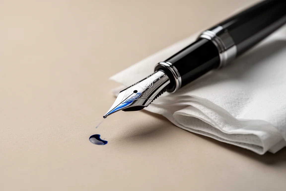 Fountain pen nib being cleaned with a tissue after inking