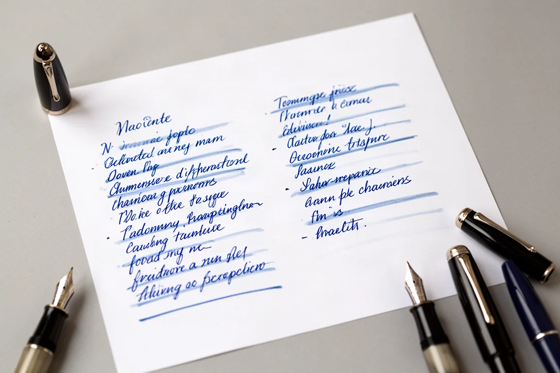 Handwritten writing sample lines in blue ink on white paper