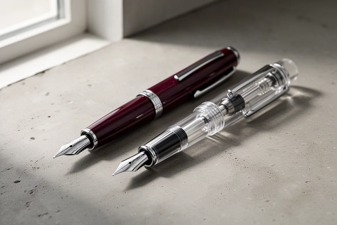 Penne stilografiche oversize bordeaux e trasparenti fianco a fianco sul cemento