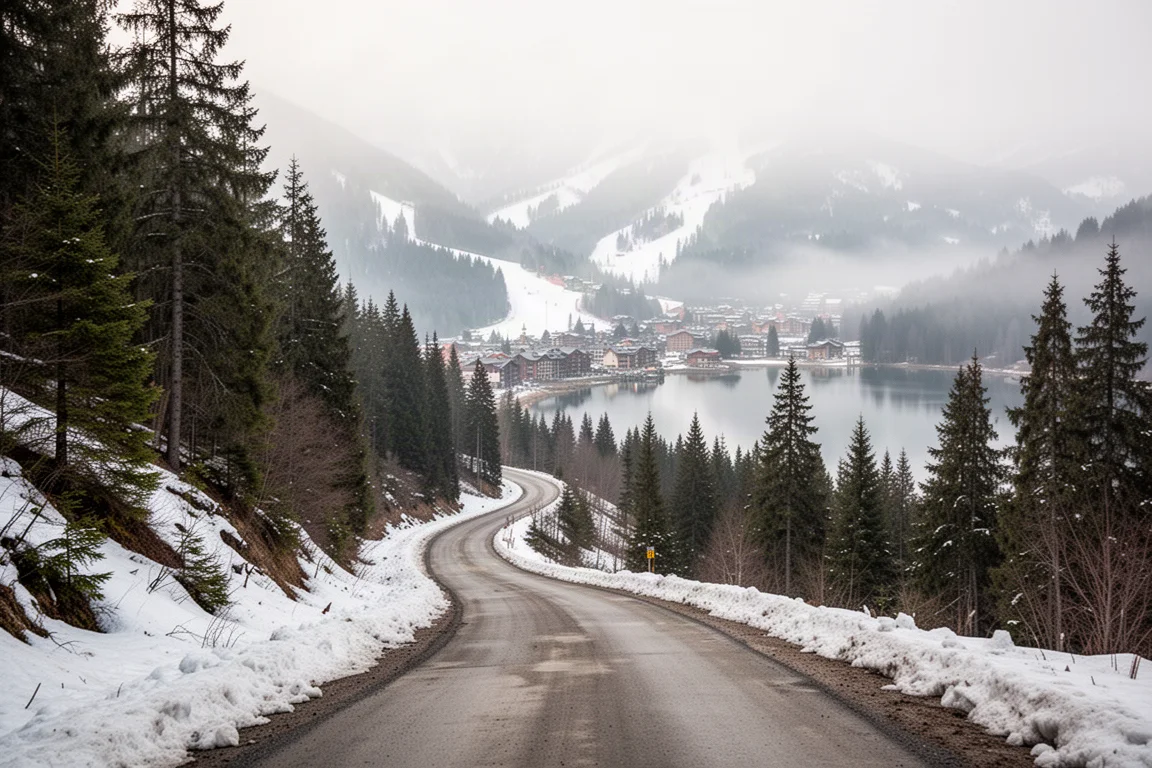 白雪覆蓋的山區道路蜿蜒通向一座小鎮