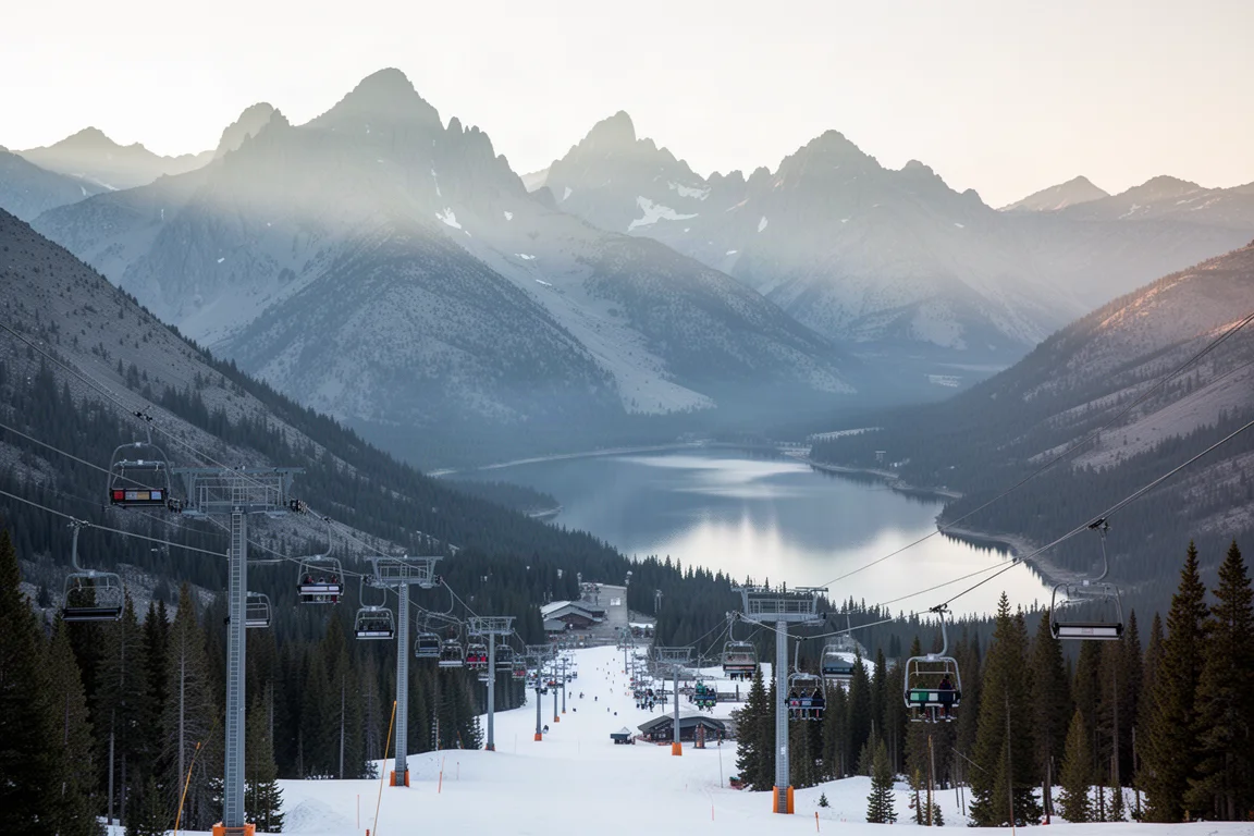 June Mountain ski resort below dramatic Sierra peaks with June Lake in the valley