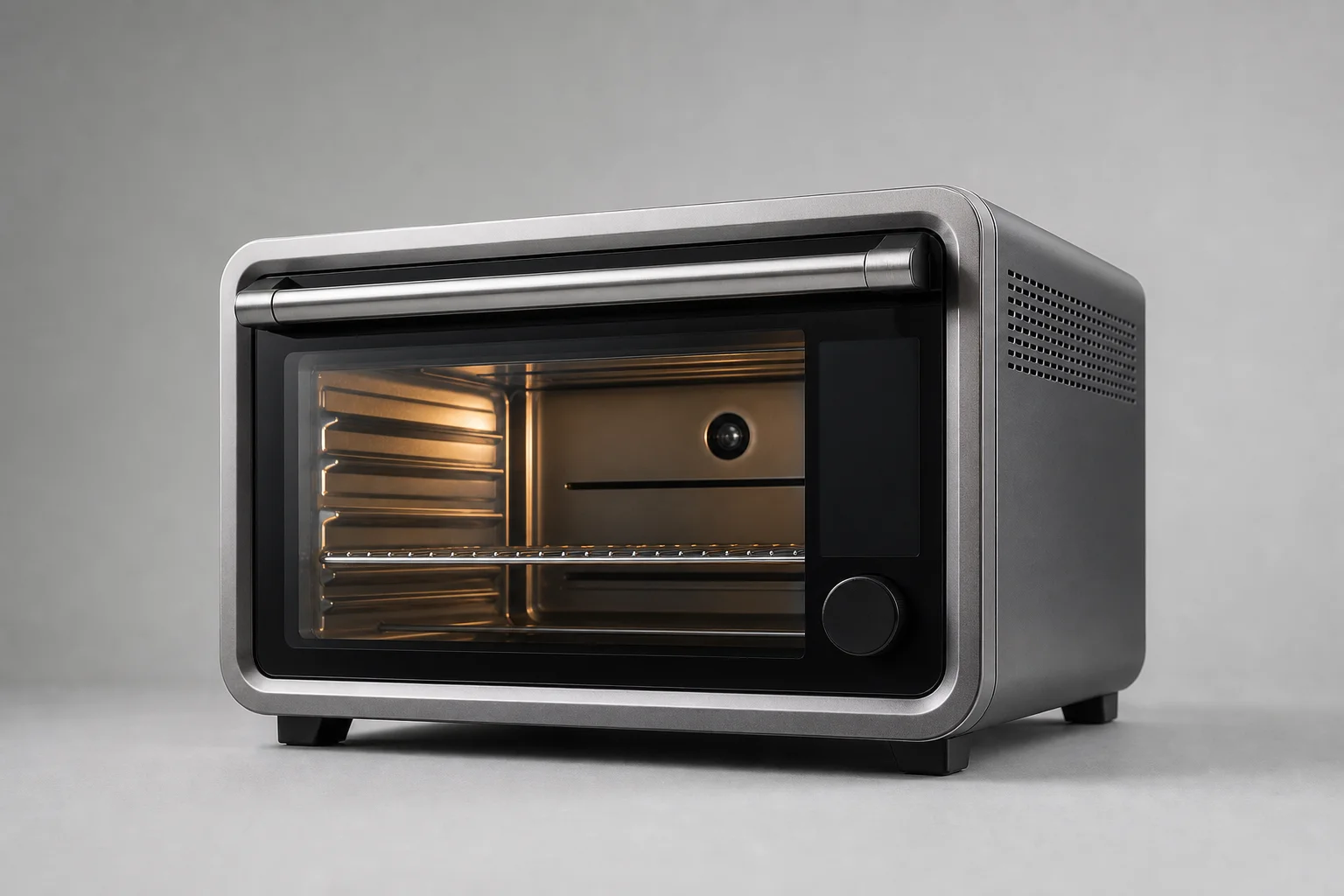 Five toaster ovens of varying sizes arranged on concrete surface