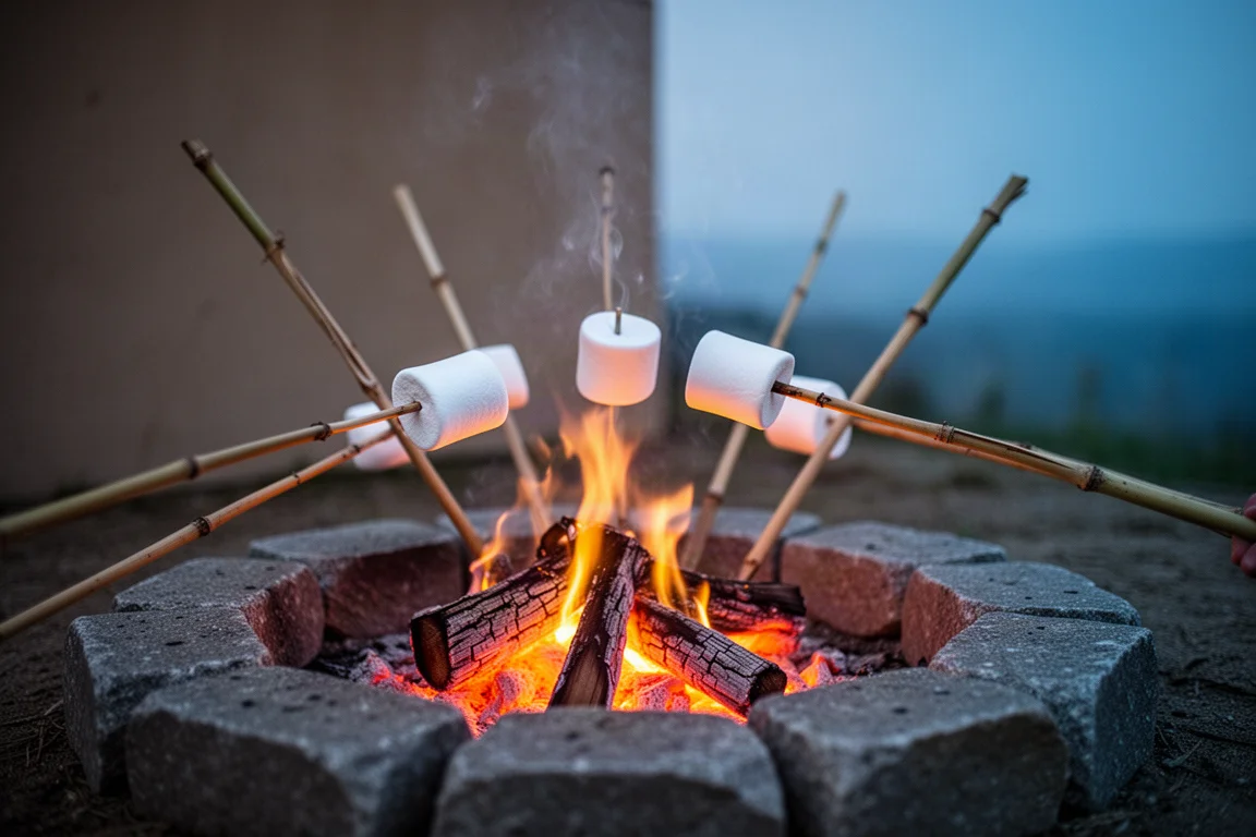 Brochettes en bambou tenant des guimauves au-dessus de braises incandescentes au crépuscule