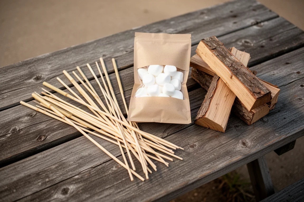 Vue à plat de brochettes en bambou et de guimauves sur une table de pique-nique en bois usé