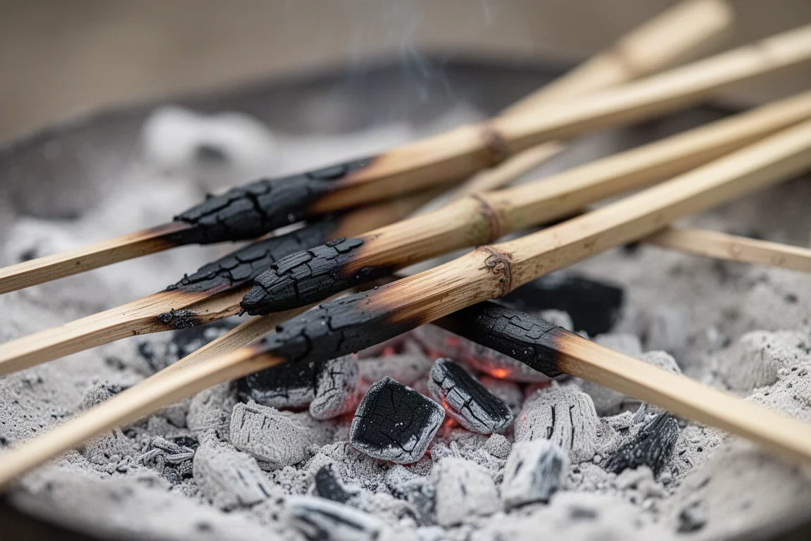 Extrémités carbonisées de brochettes en bambou reposant dans les cendres après usage