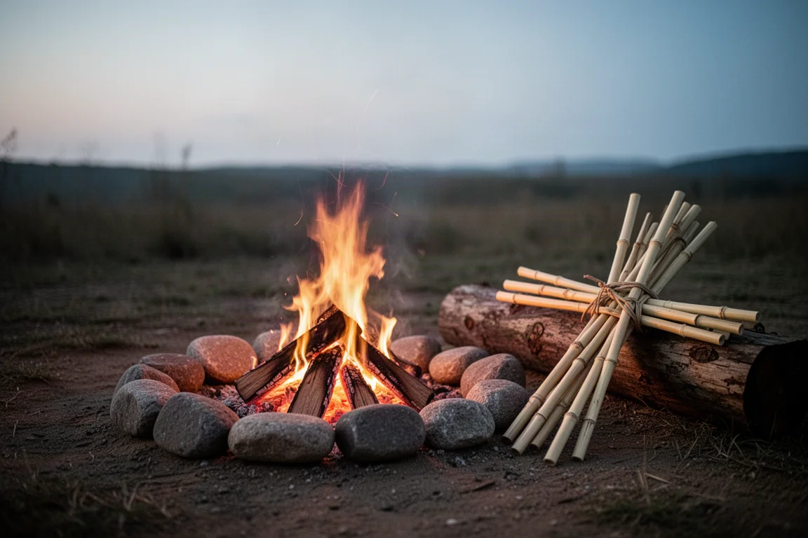 Faisceau de brochettes en bambou inutilisées posé sur une bûche près d'un feu de camp
