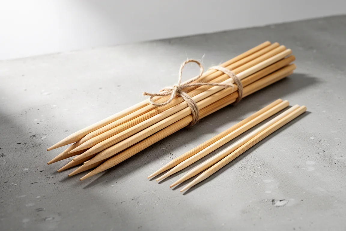 Bundle of long thin bamboo roasting sticks with tapered tips on a concrete surface