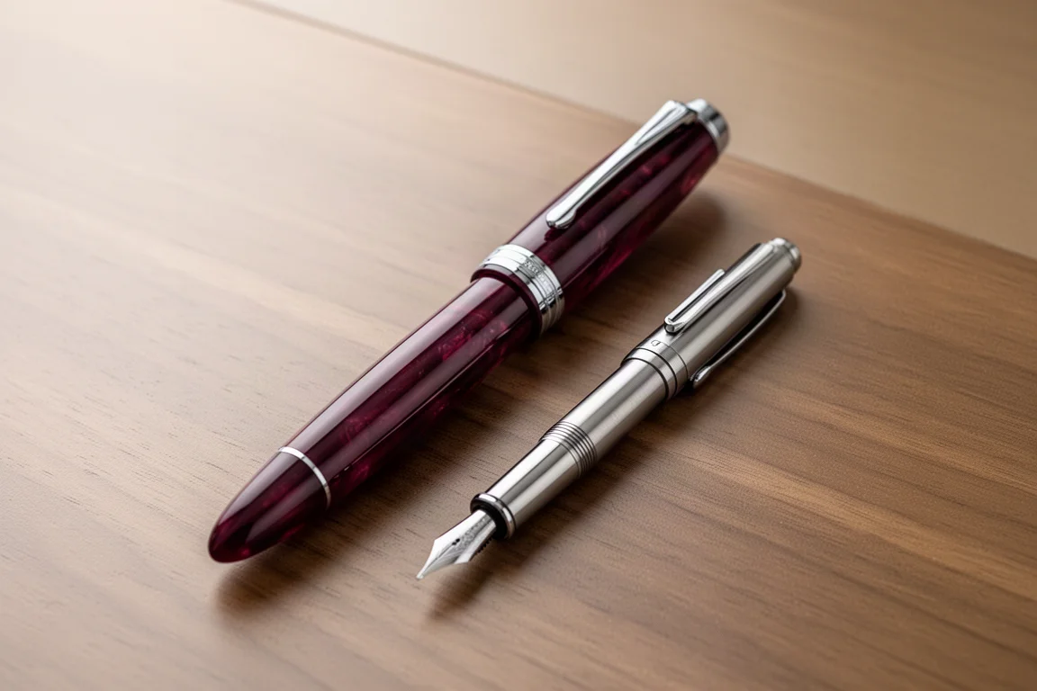 Large burgundy fountain pen lying beside a smaller metal pen for size comparison