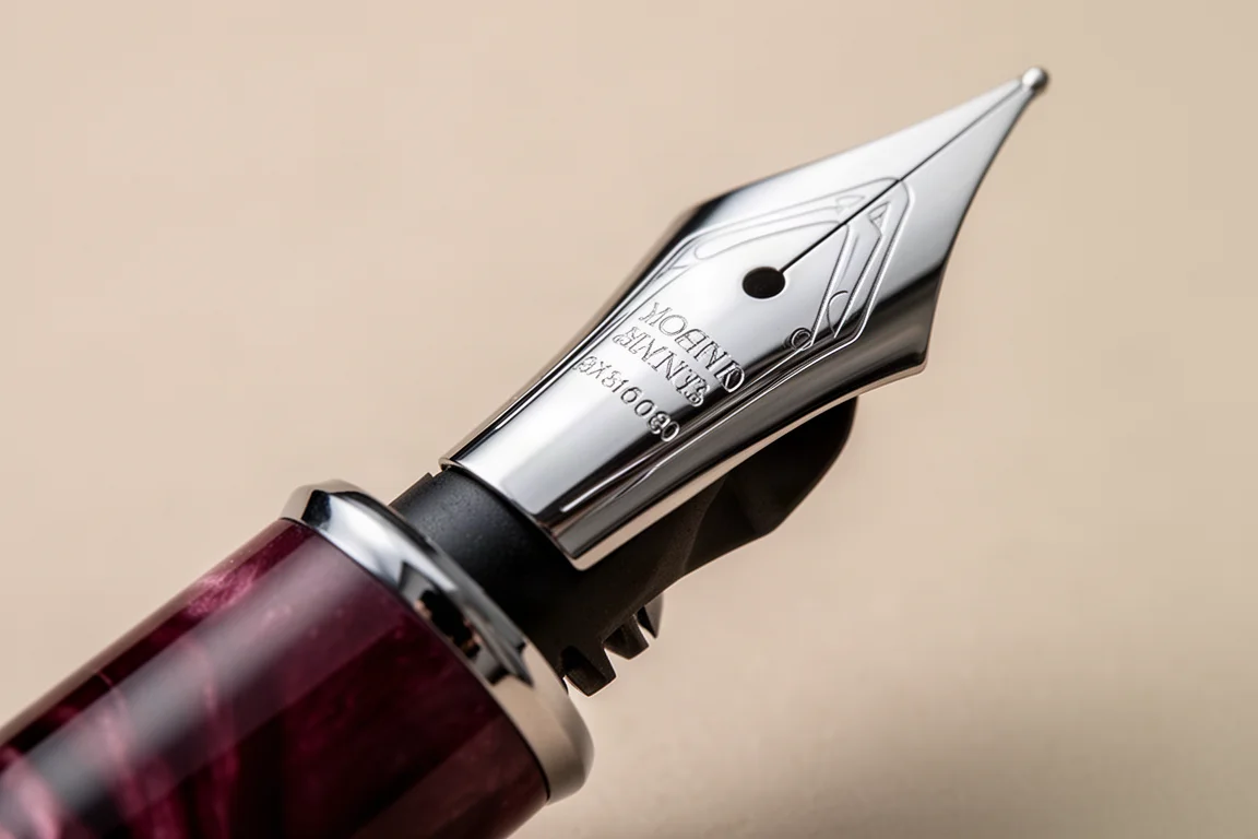 Close-up of an oversized steel fountain pen nib and dark feed