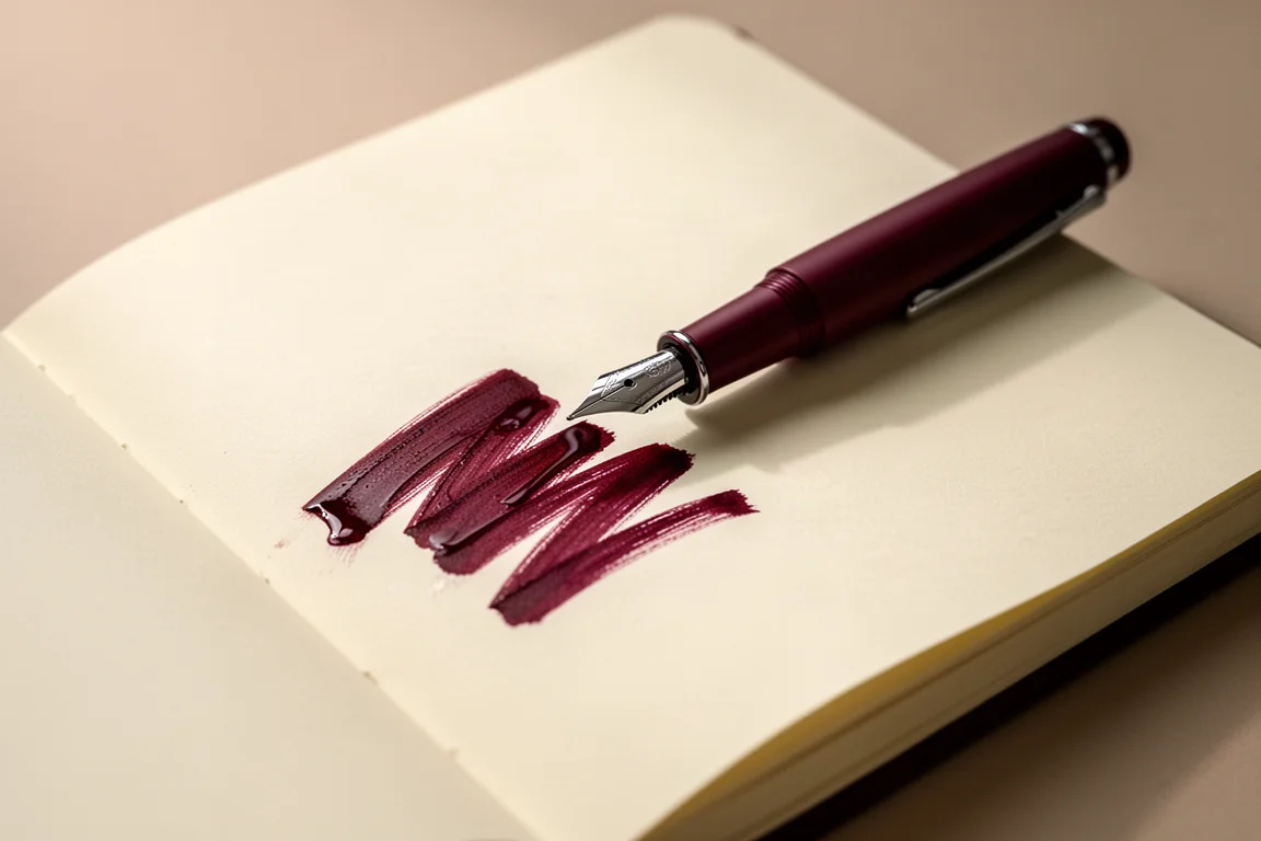 Burgundy fountain pen writing a broad wet line on cream notebook paper
