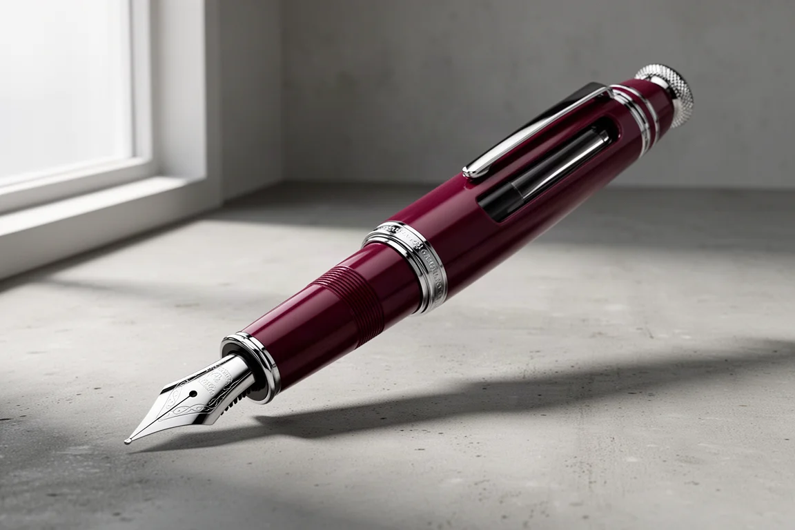 Large burgundy fountain pen with oversized steel nib on a concrete surface