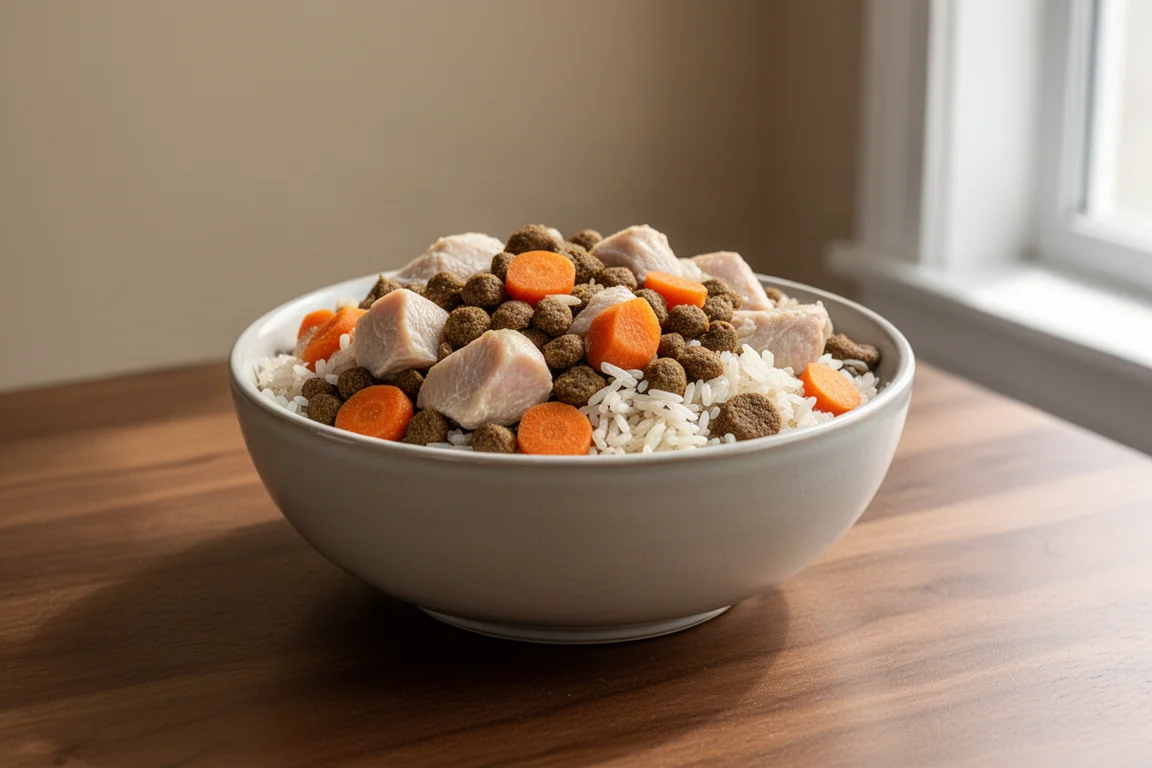 Three bowls of fresh dog food with different recipes on a wooden surface