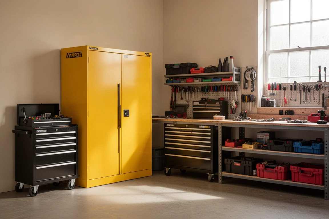 Armadietto di ricarica per batterie al litio con porte chiuse in un laboratorio in ordine