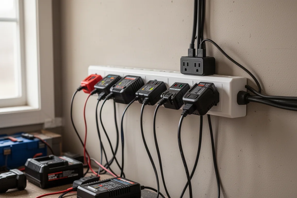 Ciabatta elettrica da laboratorio con più caricatori di batterie collegati